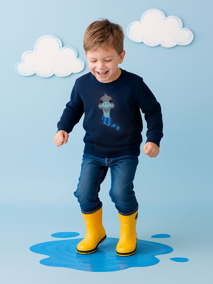 A laughing boy in yellow gumboots jumping in a puddle